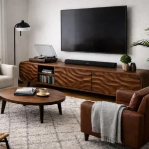 Handmade Solid Wood TV Stand with 3D Carved Wave Doors