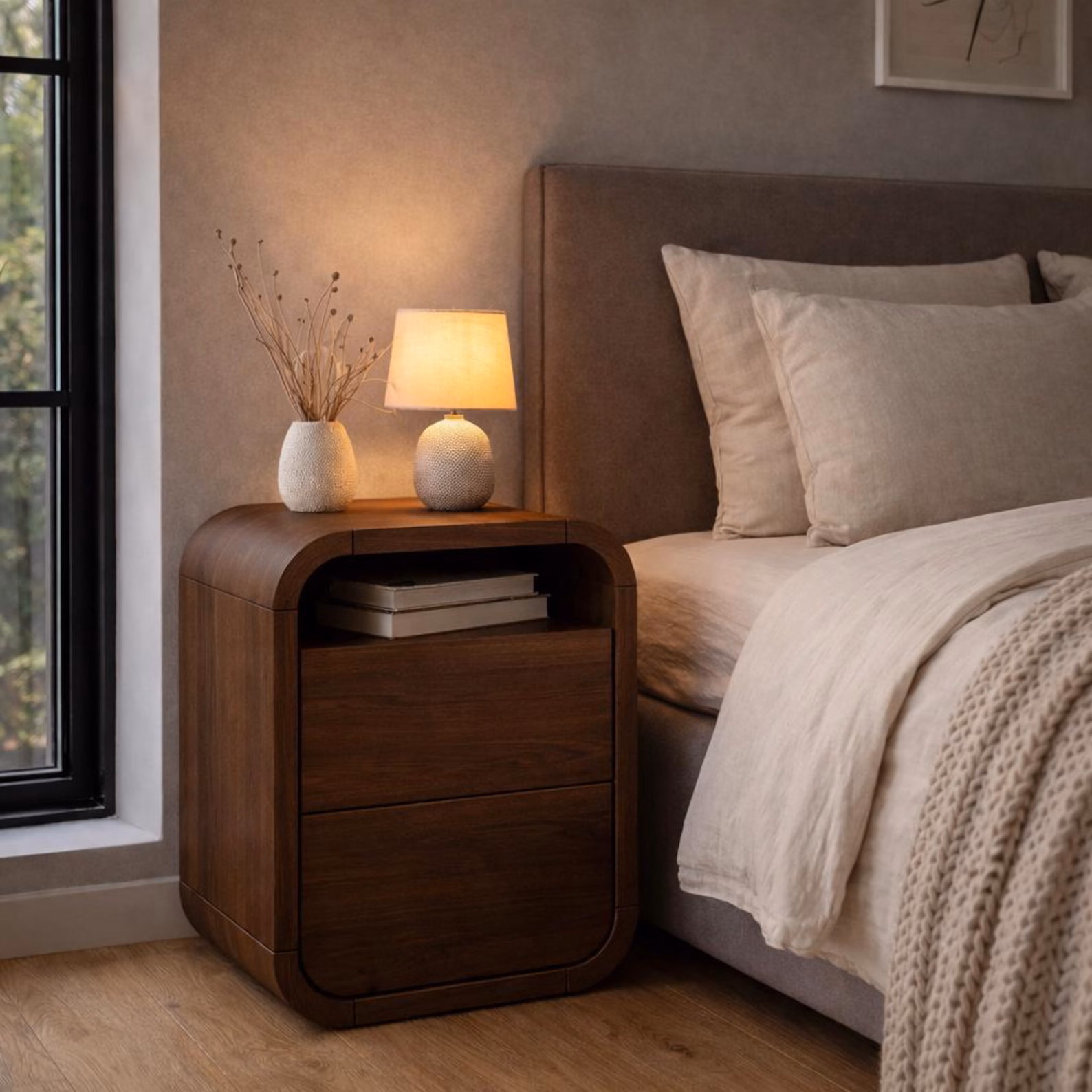 Nordic Minimalist Solid Wood Nightstand with 2 Drawers