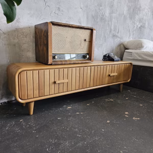 Customizable Solid Wood TV Stand – Scandinavian Slatted Media Console with Legs