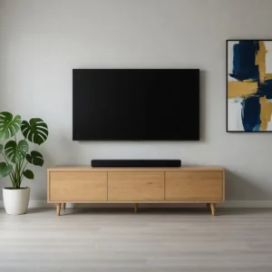 Slatted Solid Wood TV Stand – Minimalist Mid-Century Media Console