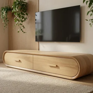 Solid Wood TV Stand – Customizable Curved Waterfall Media Console with Scandinavian Design